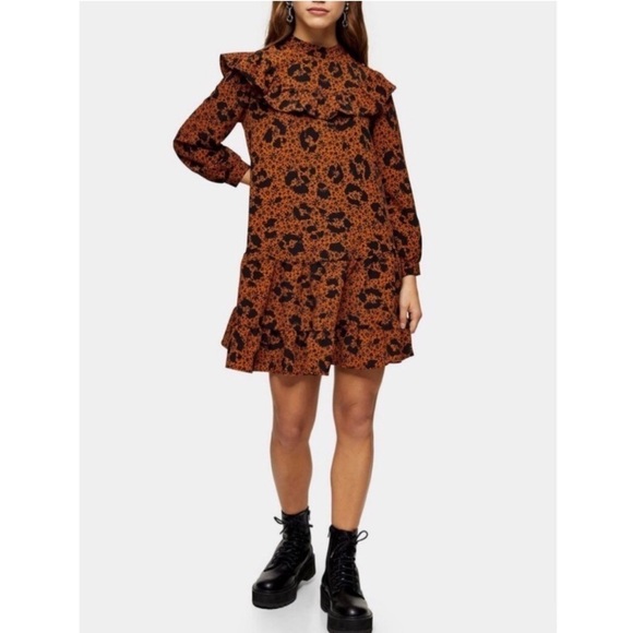 TOPSHOP Ustard Ruffle Yoke Long Sleeve Floral Mini Shift Dress - Picture 1 of 8